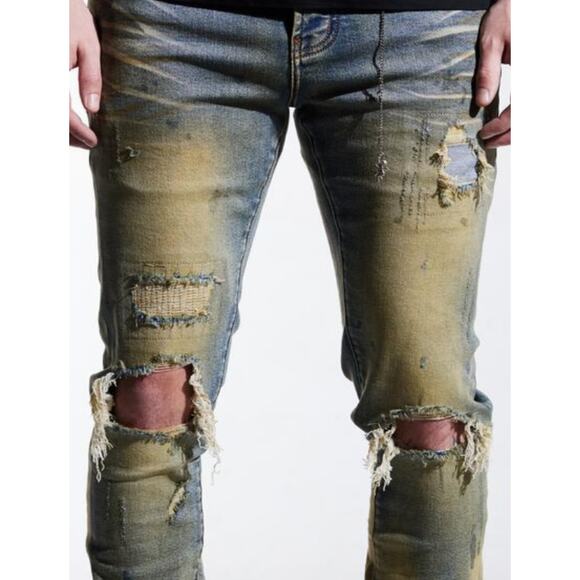 En Noir Men's Clash Sand Wash Rip & Repair Distressed Skinny Fit Denim Jeans - Picture 3 of 8